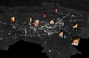 Ausstellungsplanung. Visualisierung. Personen bei Nacht, in der Luft.