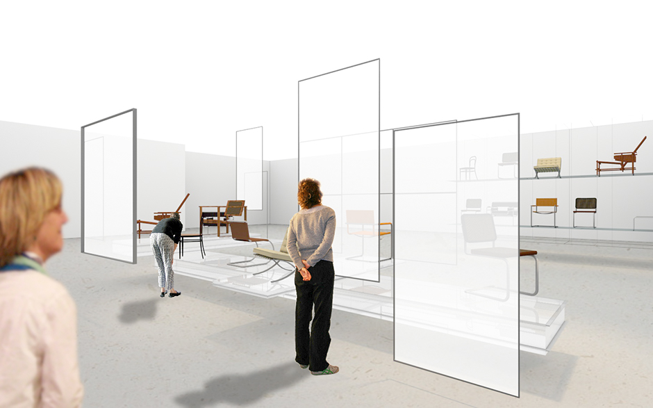 Museumsplanung. Visualisierung, Personen vor der Installation.