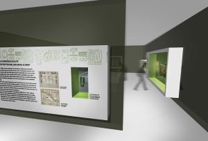 Ausstellungsarchitektur und Visualisierung. Vitrinen in der Wand.