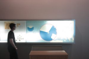 Ausstellungsdesign. Besucher vor einer Grafik, von hinten beleuchtet.