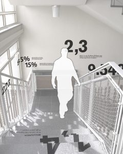 Ausstellungsarchitektur. Visualisierung mit einer Person, welche die Treppe hinauf geht. Information in Form von Zahlen findet sich auf den Treppenstufen und an der Wand.