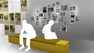 Ausstellungsarchitektur. Visualisierung, zwei Personen sitzen auf einer Bank und betrachten Bilder an der Wand und im Raum.